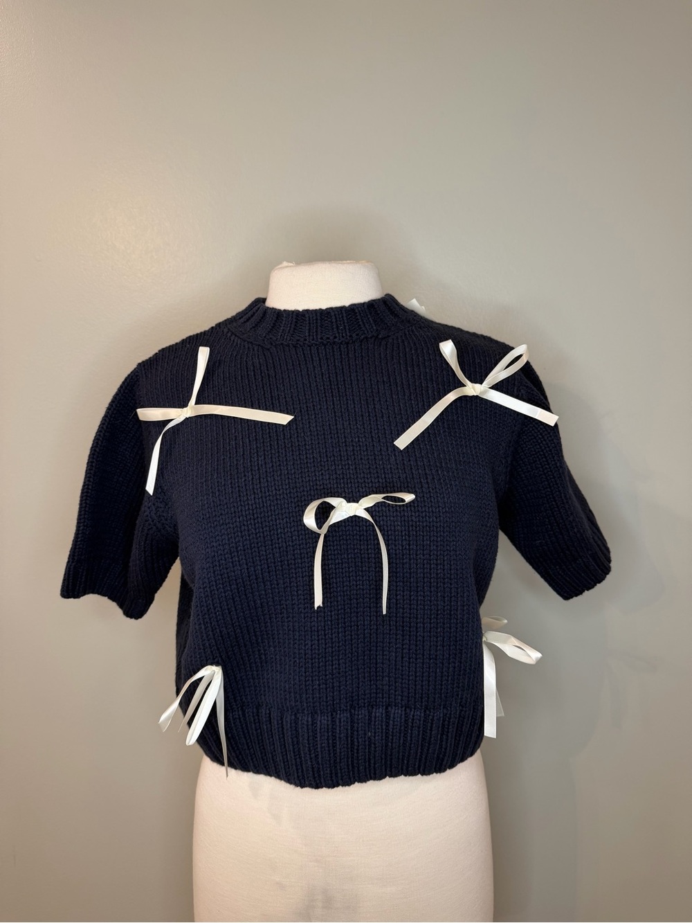 Navy Blue Short Sleeve Bow Accent Cropped Knit Top